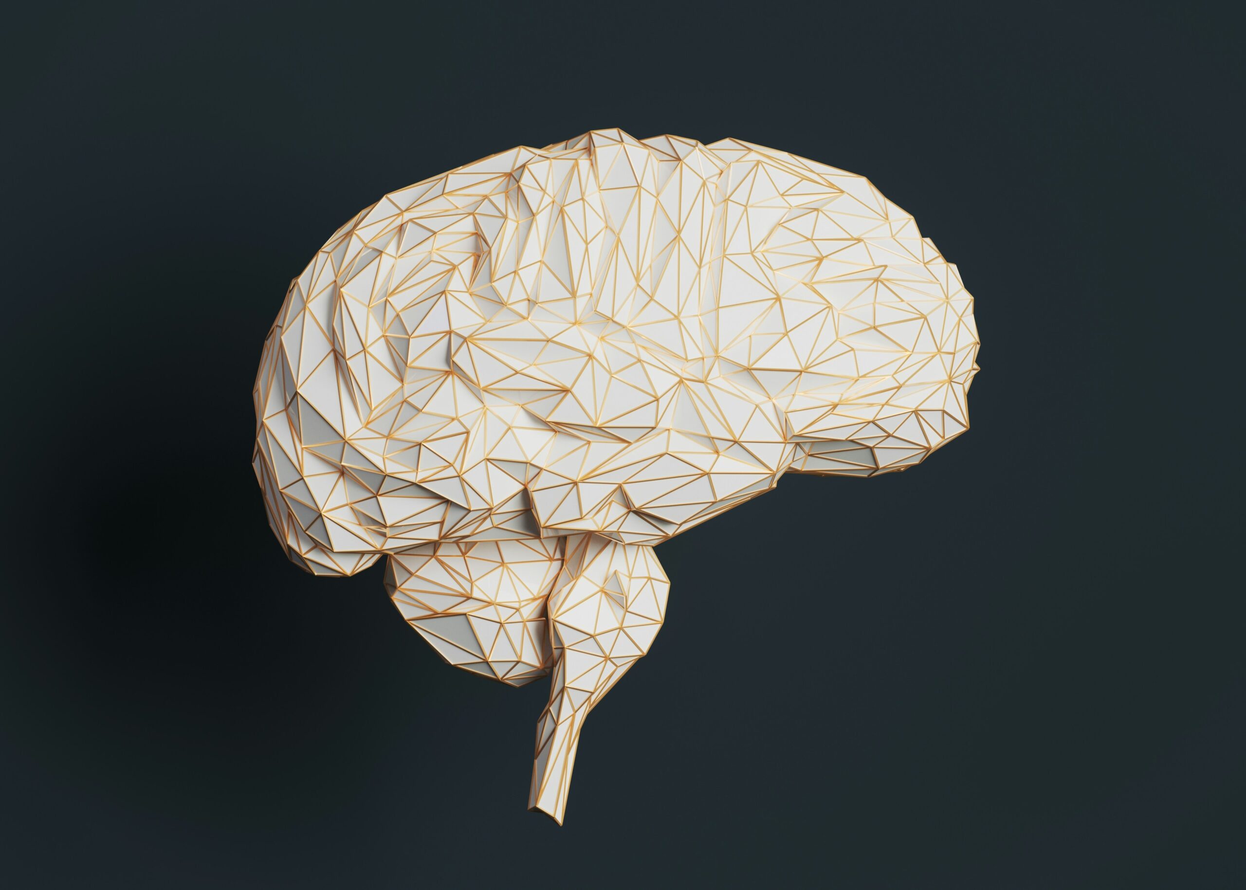 A low-poly 3D model of a brain with a wireframe texture on a dark background, illustrating how chiropractic care benefits the brain.