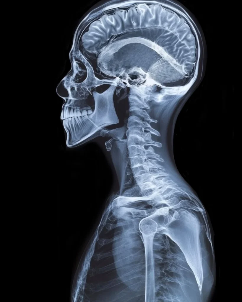 Side-profile X-ray of a human head and neck, showing the skull, cervical spine, and shoulder structure against a black background.